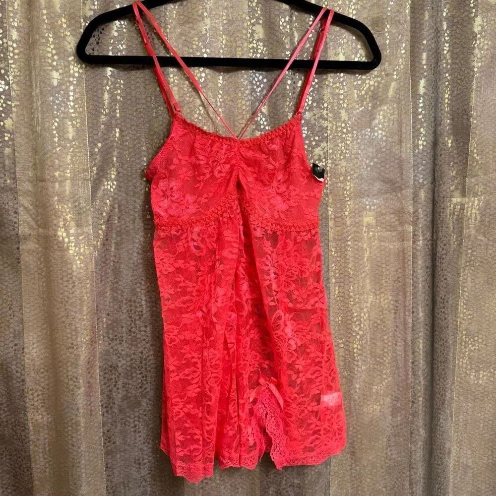 Passion Forever Bright Coral Lace Lingerie Babydoll Slip Small NWT